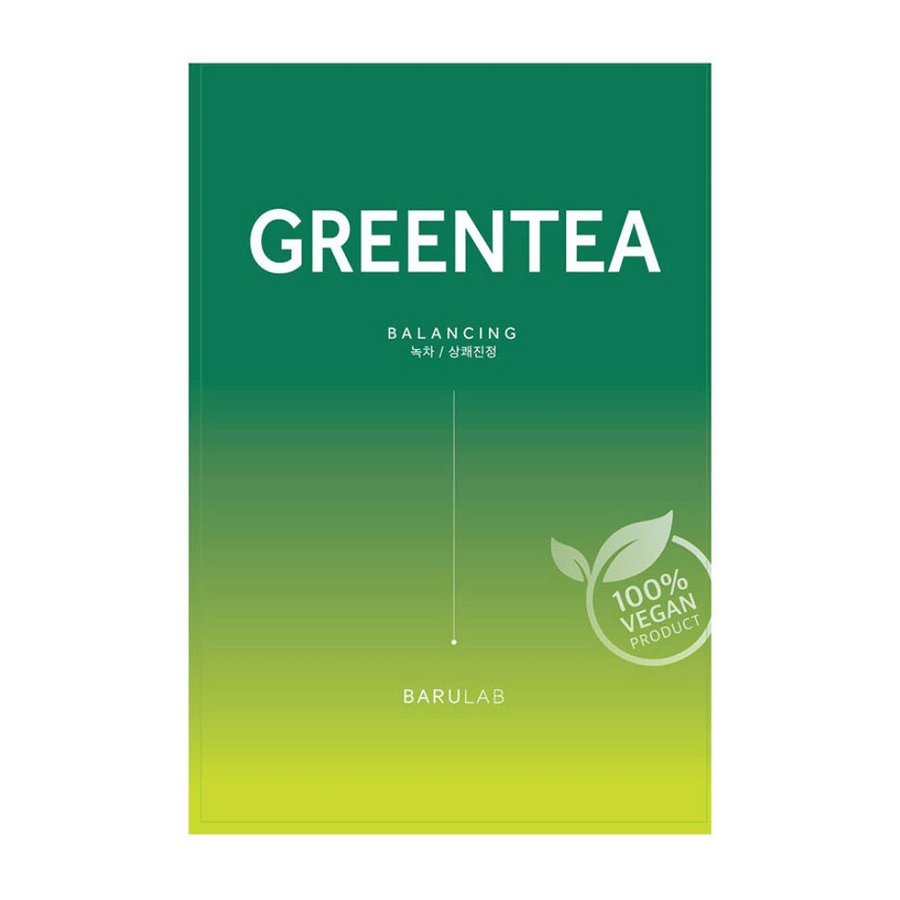 En förpackning av BARULAB "GREENTEA Balancing" mask, märkt som "100% Vegan Product". Förpackningen har en färggradient från mörkgrönt till ljusgult.