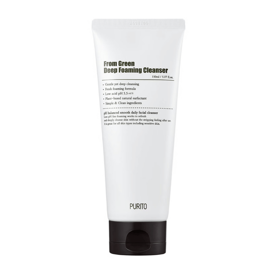 Purito From Green Deep Foaming Cleanser är en djuprengörande ansiktstvätt med en skonsam formula baserad på växtbaserade tensider. Dess låga pH-värde på 5.5 hjälper till att bibehålla hudens naturliga balans, vilket gör den idealisk för alla hudtyper, inklusive känslig hud.