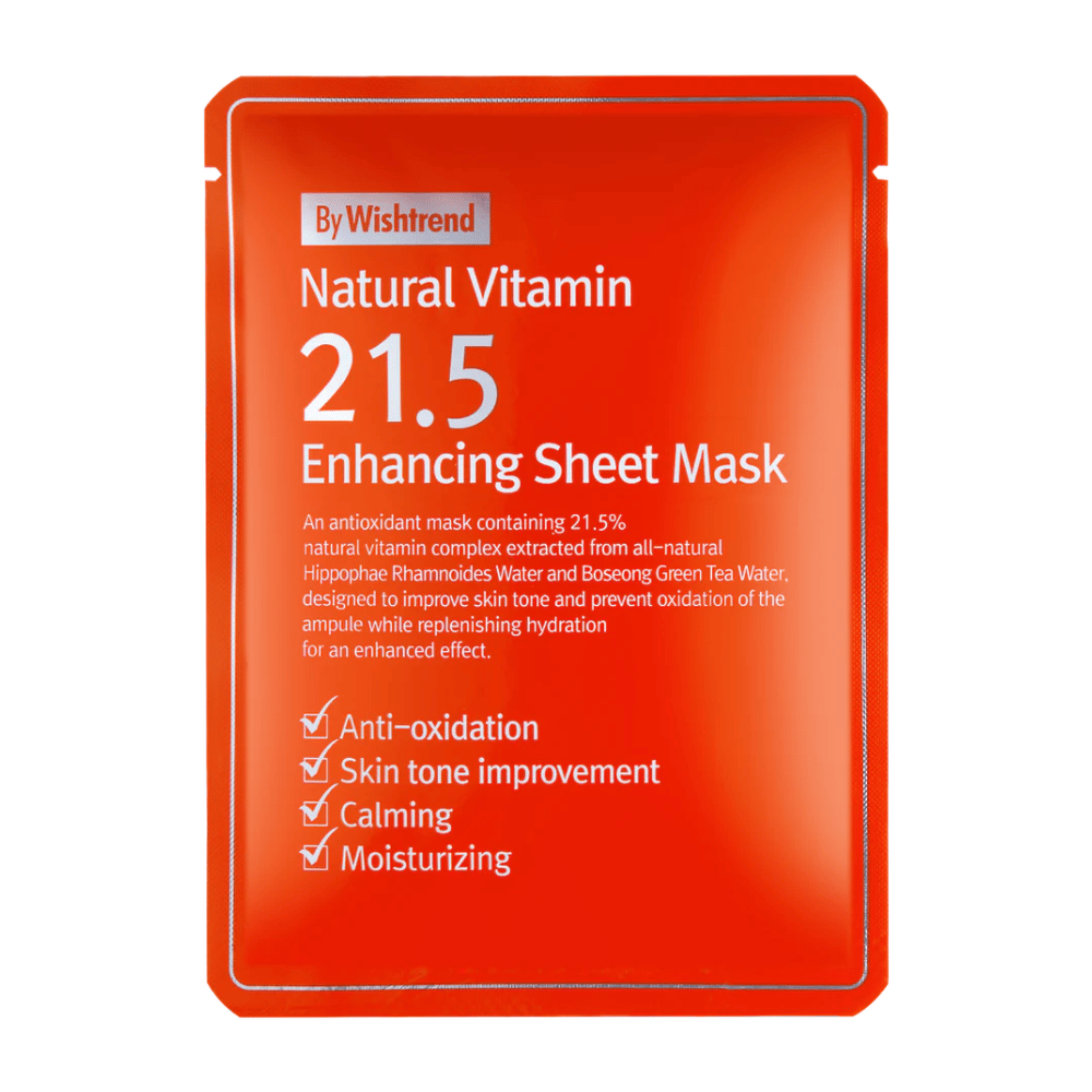 By Wishtrend Natural Vitamin 21.5% Enhancing Sheet Mask i en röd förpackning med vit text, som framhäver dess antioxidativa och återfuktande egenskaper.