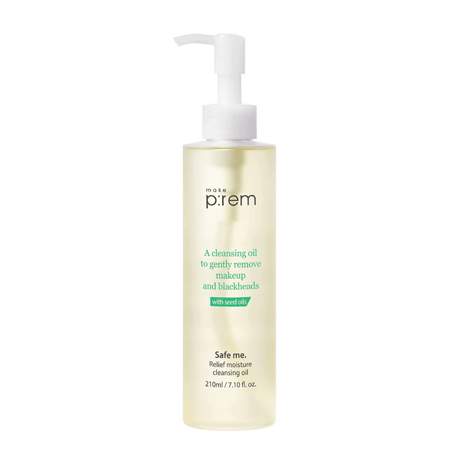 Flaska med Safe me. Relief Moisture Cleansing Oil för borttagning av makeup och pormaskar, innehåller fröoljor, på vit bakgrund.