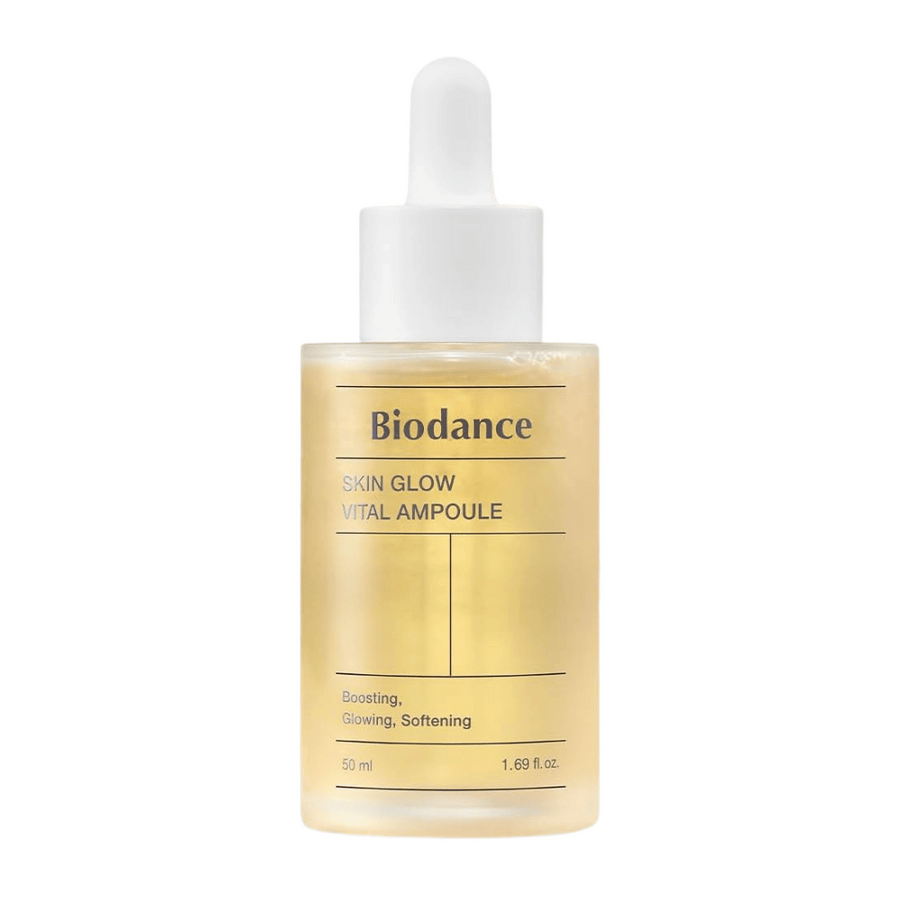 Flaska med Biodance Skin Glow Vital Ampoule, en ansiktsampull som boostar, ger lyster och mjukgör huden. Innehåller 50 ml och är designad för att ge huden en strålande och vitaliserad känsla.