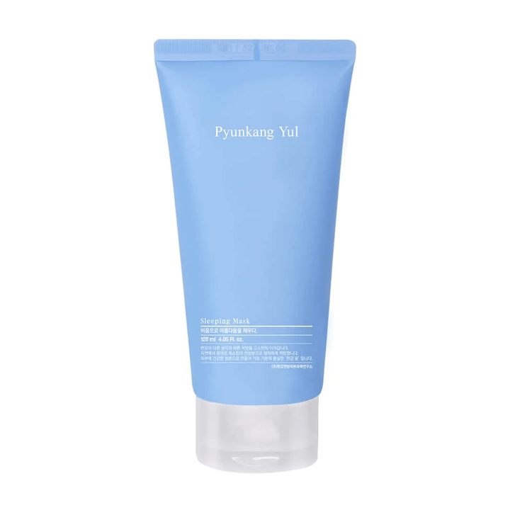 En tub med Pyunkang Yuls hyaluronsyrainfunderade Pyunkang Yul Sleeping Mask 120ml på vit bakgrund för återfuktad hud.