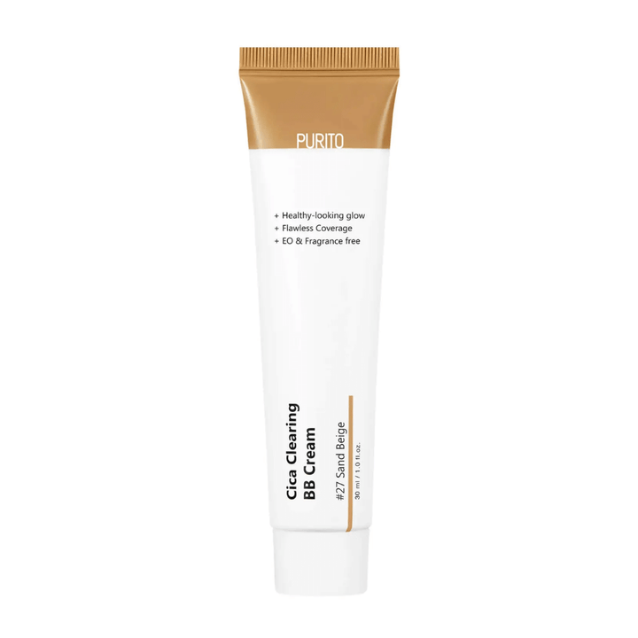 En tub PURITO Cica Clearing BB Cream 30 ml på vit bakgrund, innehållande cika-extrakt för förbättrat skydd av hudbarriären.