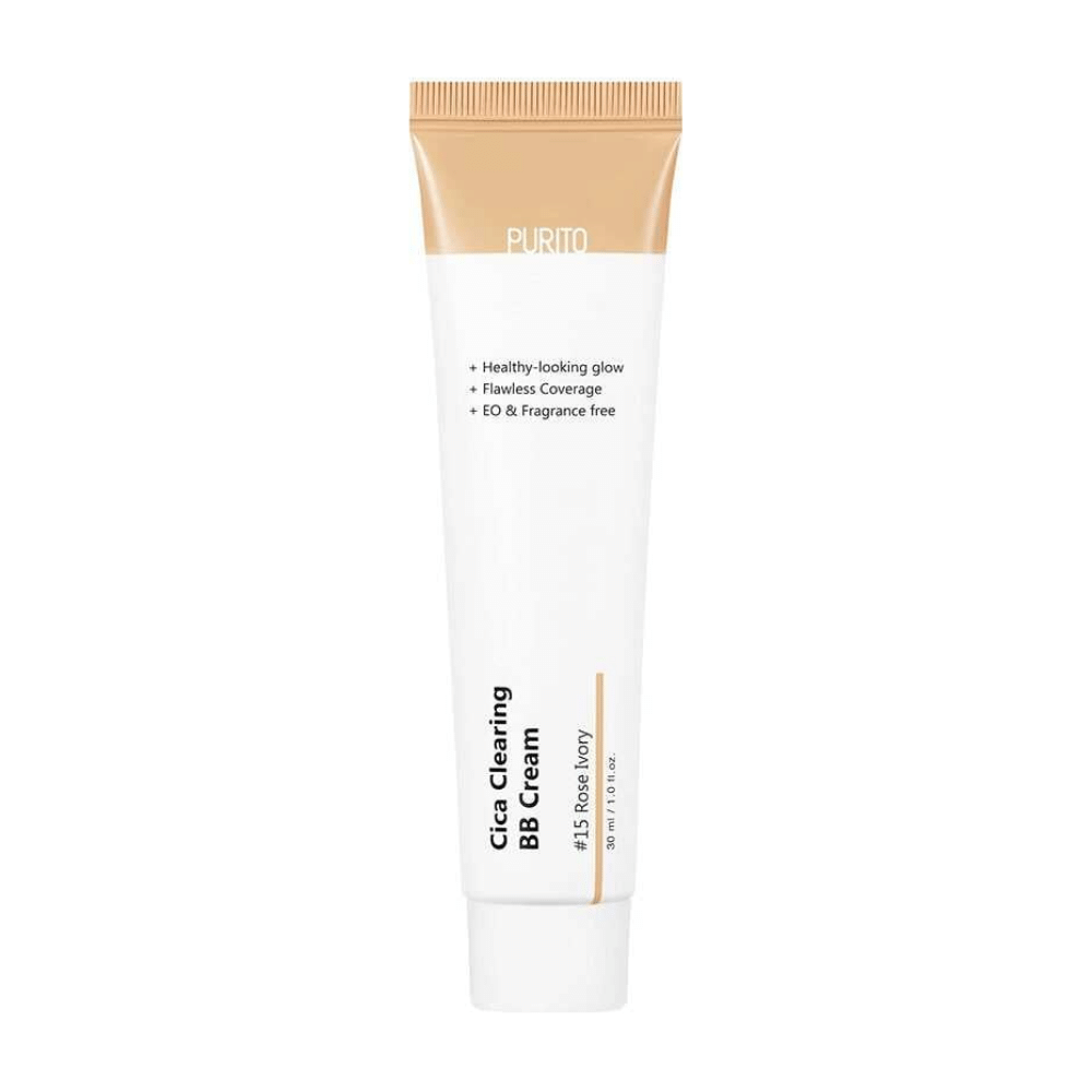 En tub PURITO Cica Clearing BB Cream 30ml på vit bakgrund med cica-extrakt för att förstärka hudens naturliga barriär.