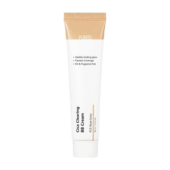 En tub PURITO Cica Clearing BB Cream 30ml på vit bakgrund med cica-extrakt för att förstärka hudens naturliga barriär.